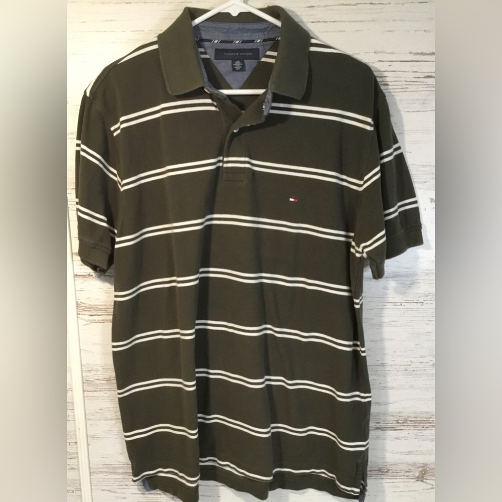 Tommy Hilfiger Men's Olive Green Striped Polo Shirt